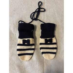 Jacadi Paris Mittens Infant T1 Navy Cream Good Striped Bow Knit Wool Blend 7140